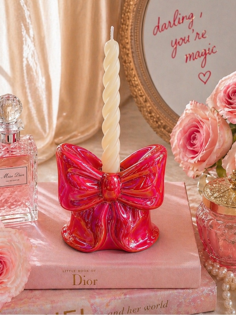 🎀 NWT Iridescent Bow Ceramic Candle Holder Pink Red Coquette Vanity Decor